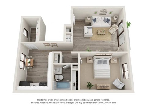 Floor plan for 1 bed, 1 bath, 785 sqft